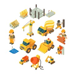 Construction building icons set. Isometric illustration of 16 construction building vector icons for web