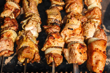 Shish kebab roasting on the grill. BBQ party. Close-up.