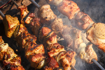 Shish kebab roasting on the grill. BBQ party. Close-up.