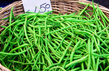 Green beans on a counter in the market