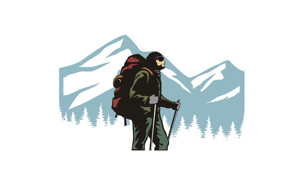 Adventure Camp Backpacker at mountain peak clipart illustration