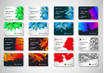 Eight patterns of multi-colored business cards on a gray background. Vector illustration.
