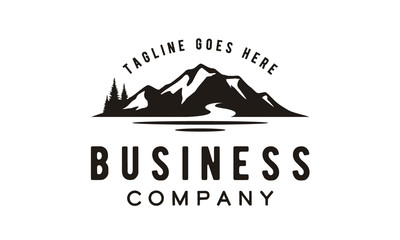 Sea Lake River Evergreen Forest Mountain Landscape Silhouette for outdoor adventure logo design 