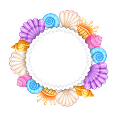 Colorful round frame with seashells isolated on white background. vector illustration.