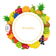Round label with fruits and berries isolated on white background. Vector template.