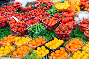 counter with tomatoes on the market