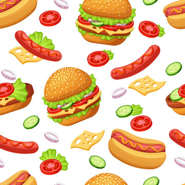 Seamless pattern with cartoon fast food. Hamburger and Hot Dog on white background. Vector illustration.