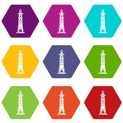 Navigate tower icons 9 set coloful isolated on white for web