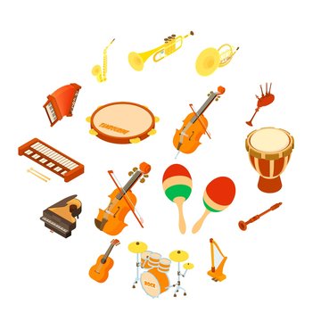Musical instruments icons set. Isometric illustration of 16 musical instruments vector icons for web
