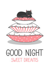 Good night. Sweet dreams. Black cat sleeping on stack of pillows. Cute vector illustration.