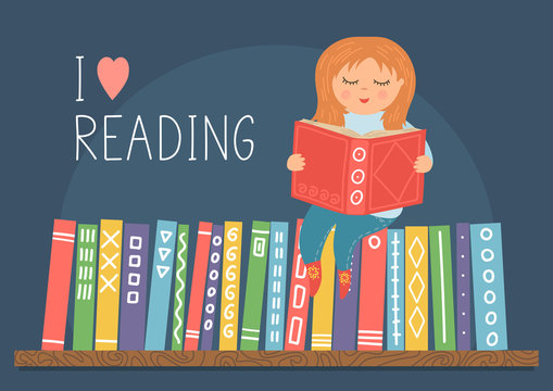 I love reading. Little girl reading book on bookshelf. Cute vector illustration.