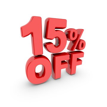 15 percent off promotion. Discount sign. Red text is isolated on white.