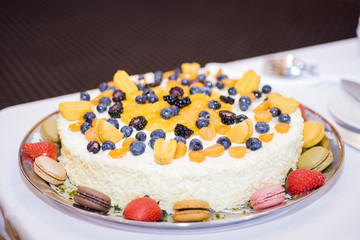 Curd cake with berries. Macro photo.