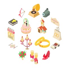 Wedding icons set. Isometric illustration of 16 wedding vector icons for web