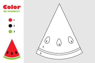 Watermelon in cartoon style, color by number, education paper game for the development of children, coloring page, kids preschool activity, printable worksheet, vector illustration