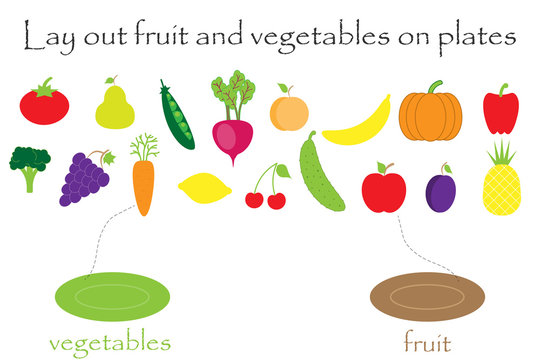 Lay out fruit and vegetables in cartoon style on plates by color for children, preschool worksheet activity for kids, task for the development of logical thinking, vector illustration