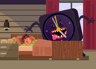Big alarm clock monster attack sleeping tired office worker man character. Monday morning late concept. Vector flat cartoon illustration