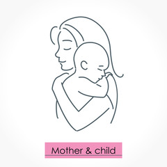 Mother with child. Line art icon, logo, sign. Isolated vector illustration.