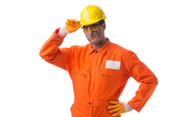 Contractor employee wearing coveralls isolated on white