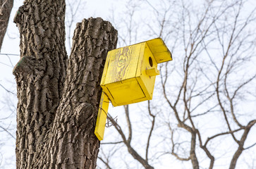 Wooden yellow birdhouse on a high tree in winter park