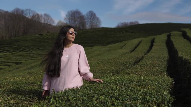 Portrait of a charming brunette woman in sunglasses standing in giant field on mountains. Slightly touching the top of bush. Nice time outdoor.