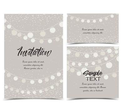 Vector illustration chain of lanterns. Invitation card, party celebration. Set of greeting cards