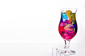 Colorful cocktails garnished, alcoholic beverage and cocktail in elegant glasses on white