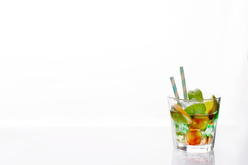 Colorful cocktails garnished, alcoholic beverage and cocktail in elegant glasses on white