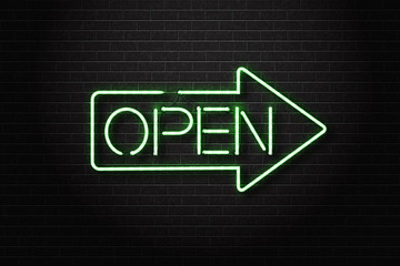 Fototapeta na wymiar Vector realistic isolated neon sign of Open lettering arrow for decoration and covering on the wall background. Concept of restaurant and night club entry.