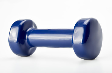 Small blue dumbbells, isolated in white background. Sports projectile for exercise.