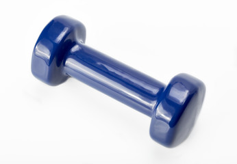 Small blue dumbbells, isolated in white background. Sports projectile for exercise.