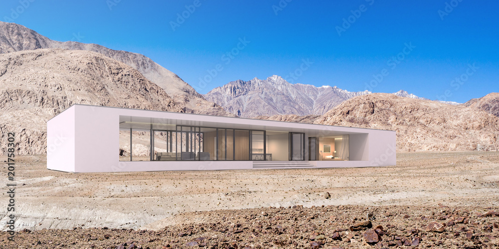 Poster 3d rendering of modern architecture with warm interior lighting and desert mountain atmosphere on di