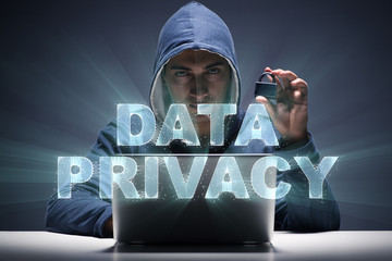 Data privacy concept with hacker stealing personal information