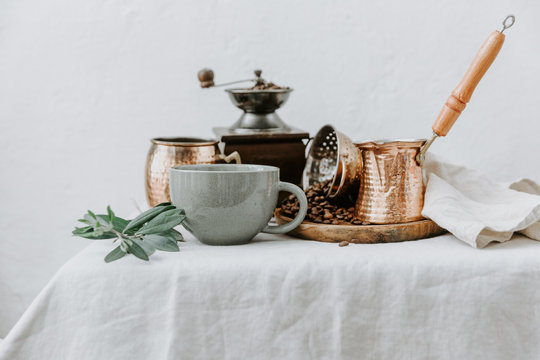 Hot Turkish Coffee In Cooper With Coffee Beens On Rural Linen Background