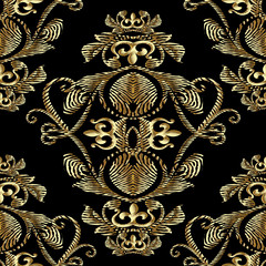 Baroque gold embroidery 3d seamless pattern. Vector patterned tapestry background. Vintage line art tracery embroidred antique royal ornaments,  flowers, abstract vintage crown, scroll lace leaves.