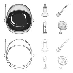 A spaceship in space, a cargo shuttle, A launch pad, an astronaut helmet. Space technology set collection icons in outline,monochrome style vector symbol stock illustration web. © pandavector