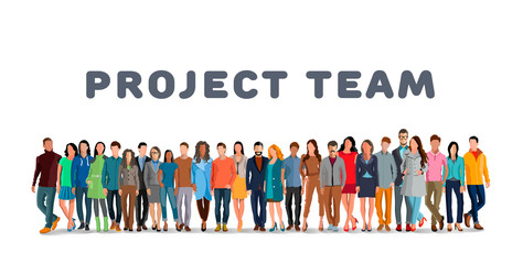 Project team. Employee group. The team of workers. Men and women in one team. Men and women in one project team. Flat style. Flat design. Vector illustration Eps10 file