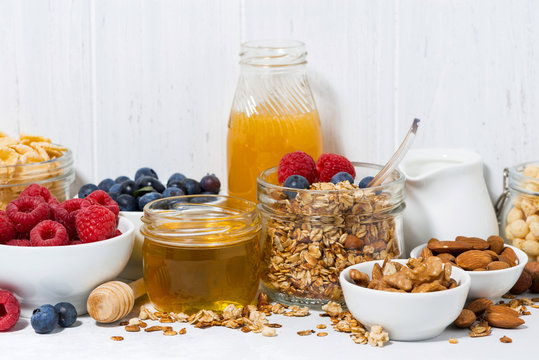 table with products for a healthy breakfast, closeup