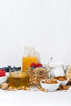 table with products for a healthy breakfast, vertical