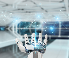 White robot hand using digital network connection 3D rendering