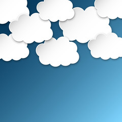 Paper clouds on a blue sky. Сartoon paper cloud illustration background. Cloudscape air business concept.