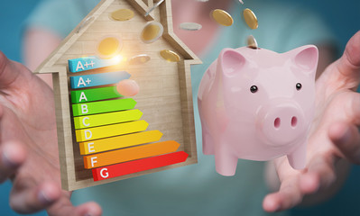 Businesswoman saving money with good energy chart rating 3D rendering