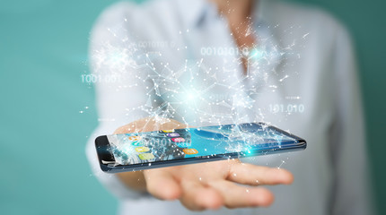 Businesswoman using digital binary code on mobile phone 3D rendering