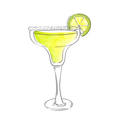 Hand drawn watercolor illustration of summer fresh cocktail Margarita. Isolated on the white background, in vector