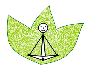 A schematic human yogi in the lotus position/asana against the background of green leaves. Symbolical cartoon figure. Vector graphics
