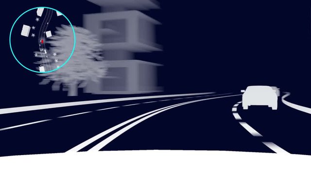 Autonomous car driving on road city. Computer vision. Detection system that recognize objects in streets. Autonomous driverless car with lidar scan signal stops at intersection. 3d scanning vehicle