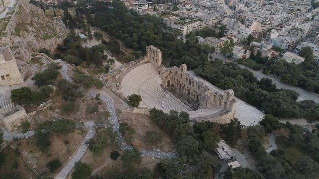 Aerial view of Odeon of Herodes Atticus and Acropolis of Athens ancient citadel in Greece