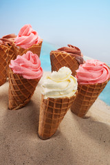 Vanilla frozen yogurt or soft ice cream in waffle cone.