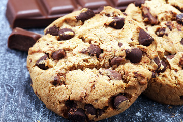 Chocolate cookies on rustic table. Chocolate chip cookies