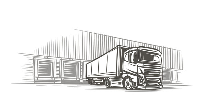 Semitrailer truck at loading dock sketch. Vector. 